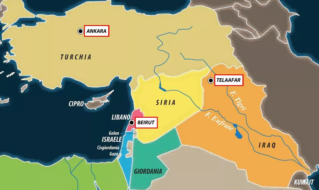 Mappa del Medio Oriente con localizzazione delle notizie